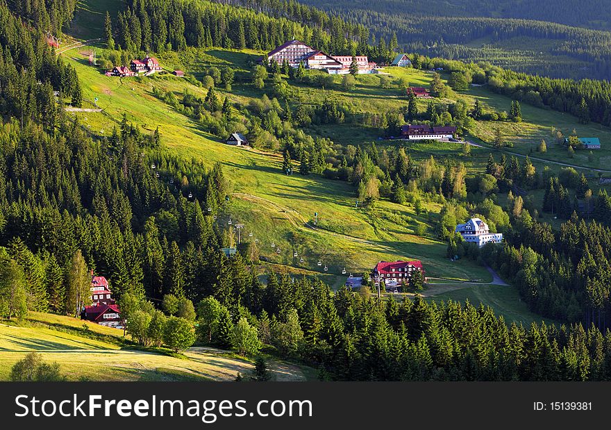 Green Hills and Fields with village