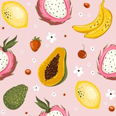 Hand Drawn Vector Cartoon Summer Fruits. Seamless Pattern Background With Papaya, Banana, Mango, Lime, Avocado Royalty Free Stock Photo