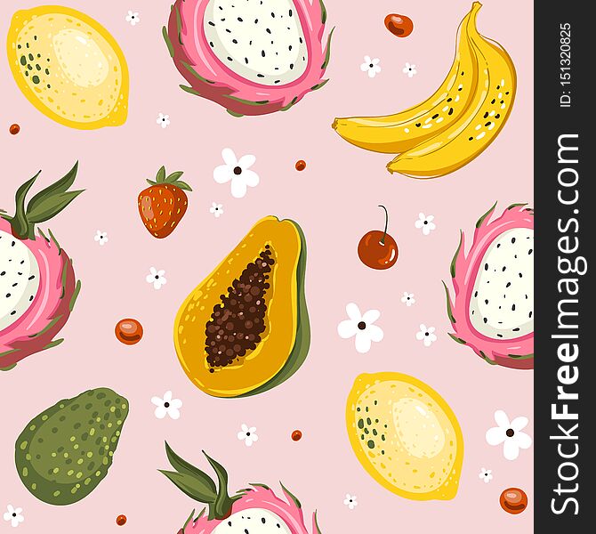 Hand drawn vector cartoon summer fruits. Seamless pattern background with papaya, banana, mango, lime, avocado, strawberry, cherry. Vector EPS10.