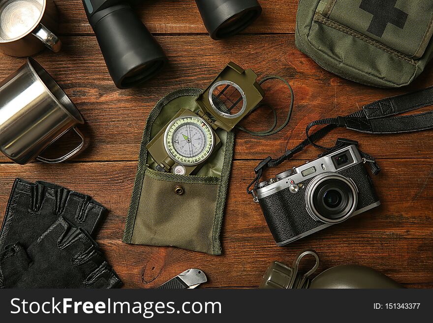 Flat lay composition with camping equipment