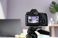 Photo Of Blogger`s Workplace On Camera Screen Royalty Free Stock Photography Photo Of Blogger`s Workplace On Camera Screen Royalty Free Stock Photography