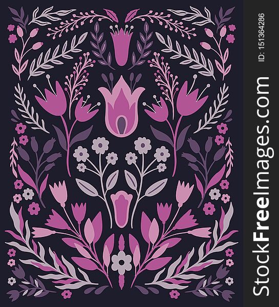 Ethno folk decorative floral ornament. Symmetry specular composition. Drawing abstract ornament.Vector illustration