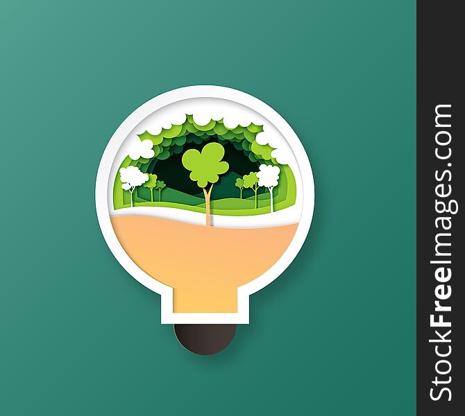 Green forest nature landscape in light bulb paper art style.Ecology and environment conservation concept vector illustration