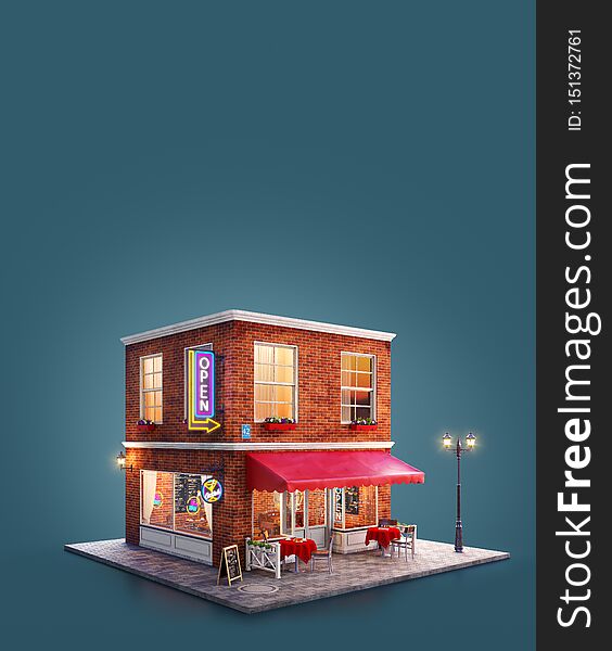 Unusual 3d illustration of a night club, cafe, pub or bar building with red awning, neon signs and outdoor tables. Unusual 3d illustration of a night club, cafe, pub or bar building with red awning, neon signs and outdoor tables