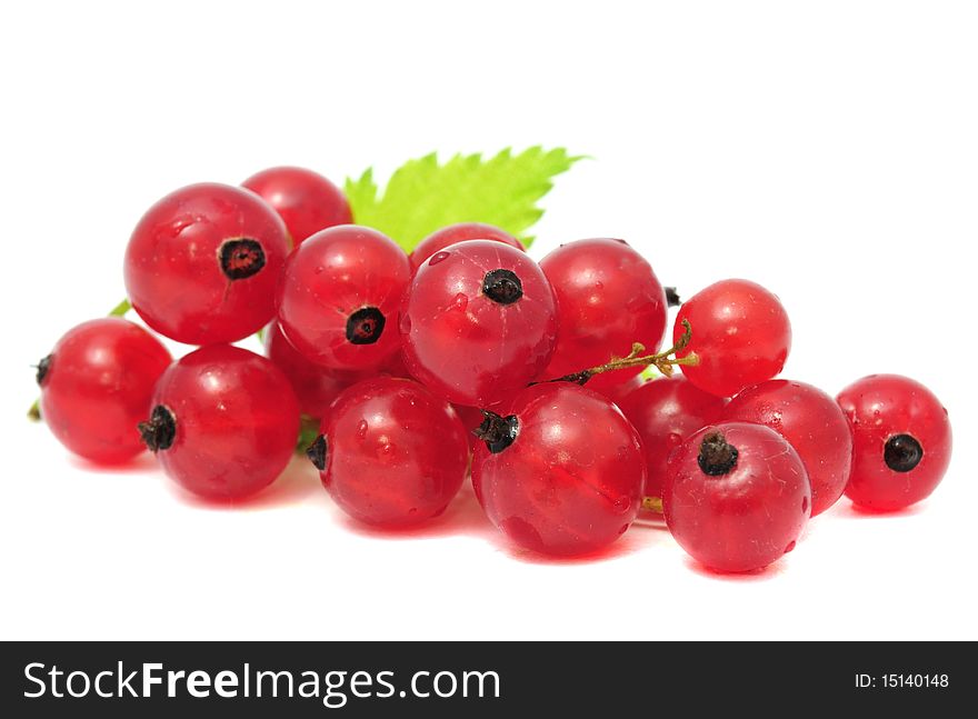 Red currants with a green leaf isolated on white