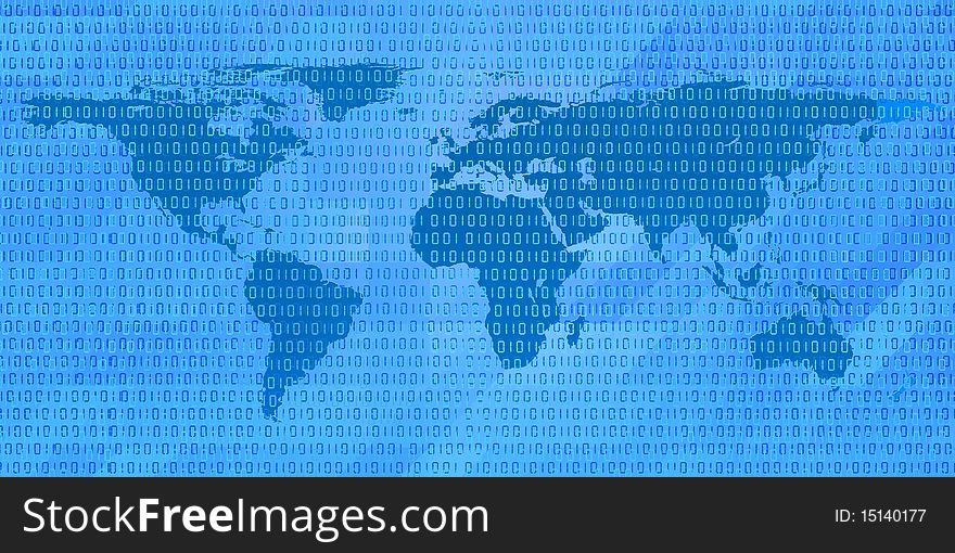 Stylized image of binary code on the world map. Stylized image of binary code on the world map