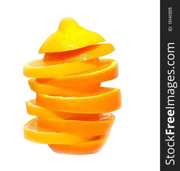 Orange with lemon cut with segments on white background. Orange with lemon cut with segments on white background
