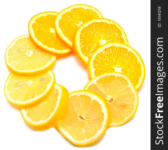 Orange with lemon cut with segments on white background. Orange with lemon cut with segments on white background