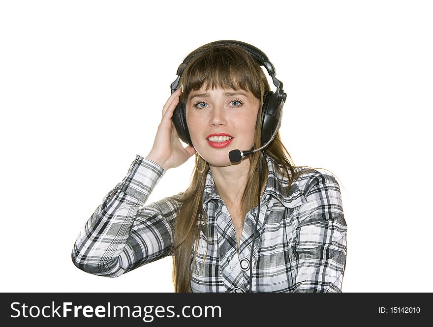 Girl in earphone insulated on white background