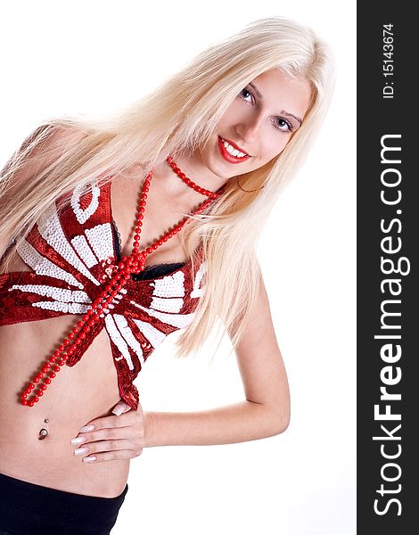 Woman in shirt with red beads posing on a white background