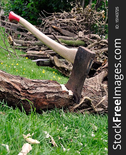 Lumberjack's axe stuck in a tree log on green grass with a pile of firewood in the background. Lumberjack's axe stuck in a tree log on green grass with a pile of firewood in the background