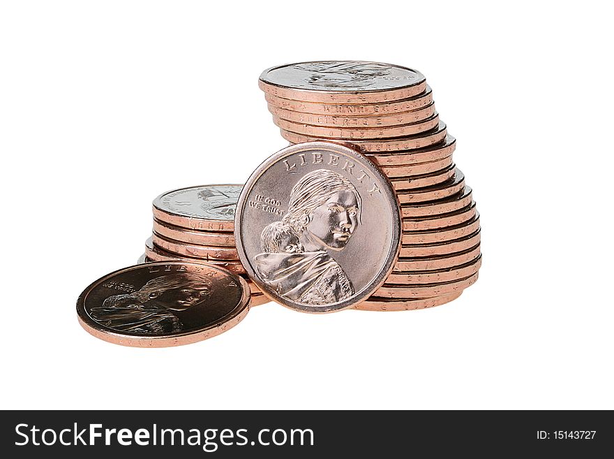 Coins in one dollar are combined by piles on a white background. Coins in one dollar are combined by piles on a white background.
