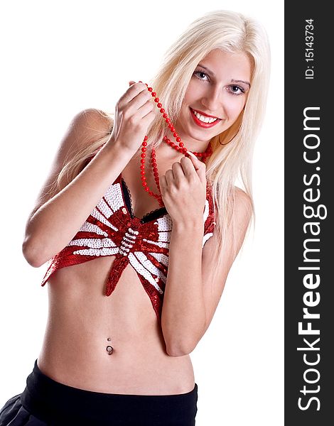 Woman in shirt with red beads posing on a white background