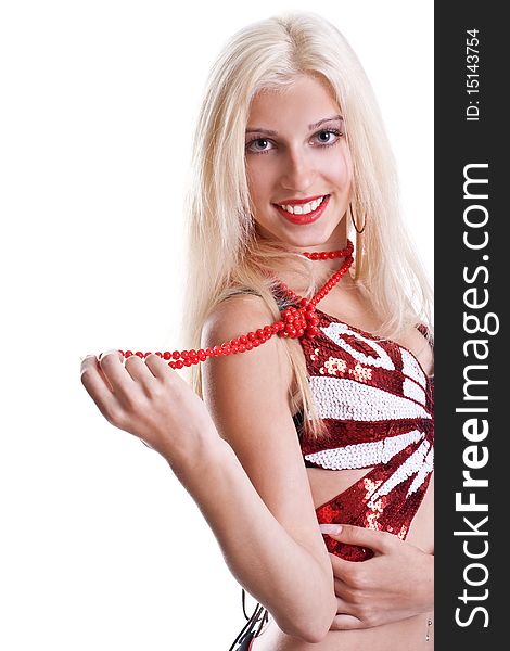 Woman in shirt with red beads posing on a white background