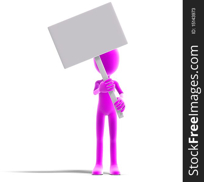 Symbolic 3d male toon character show something with a blank sign. 3D rendering with clipping path and shadow over white