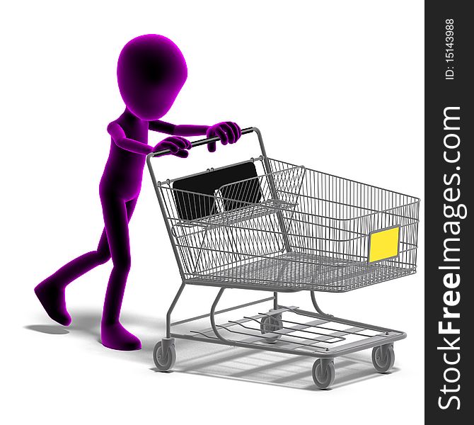 Symbolic 3d male toon character goes shopping. 3D rendering with clipping path and shadow over white