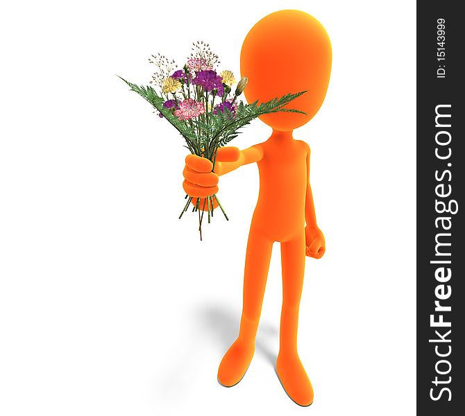 Symbolic 3d male toon character give you flowers