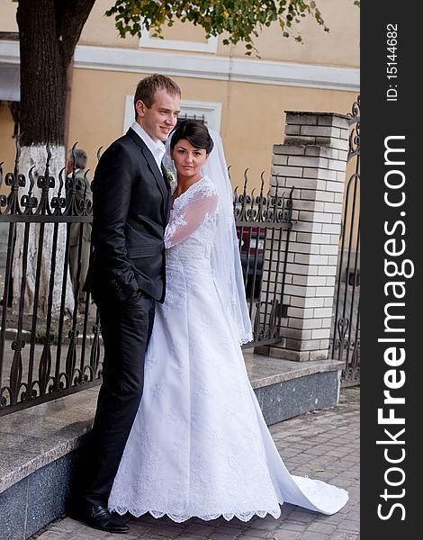 Happy bride and groom on their wedding day