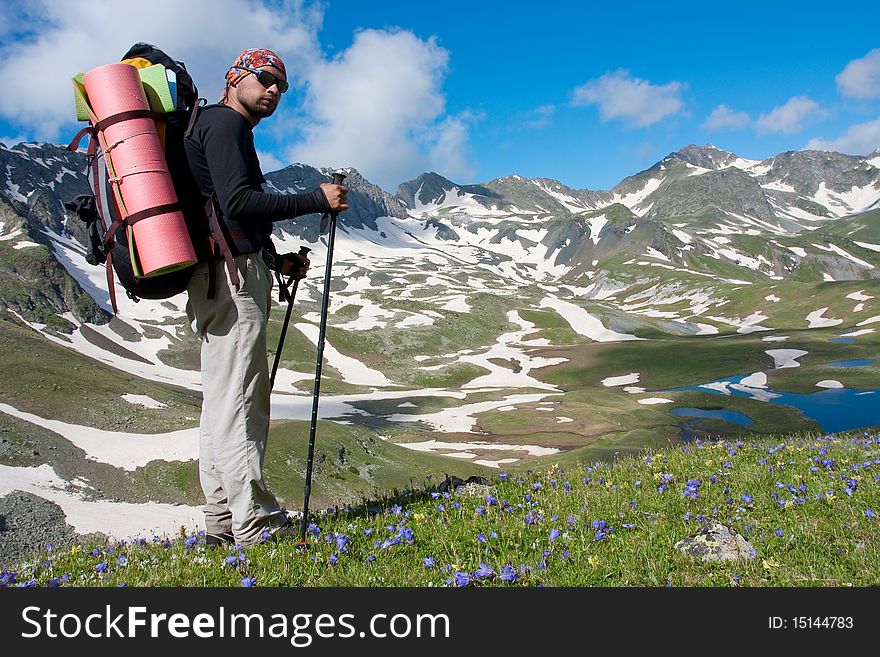 Hiker boy in Caucasus mountains. Hiker boy in Caucasus mountains