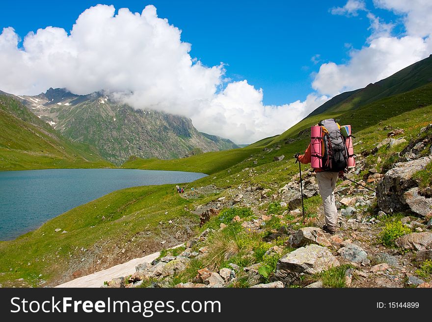 Hiker boy in Caucasus mountains. Hiker boy in Caucasus mountains