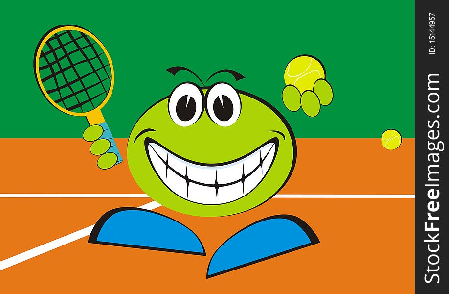 Green smiley, playing tennis on the tennis court. Green smiley, playing tennis on the tennis court.