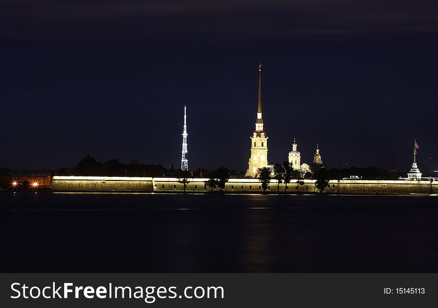 Saint Peter and Paul cathedral in night Saint Petersburg