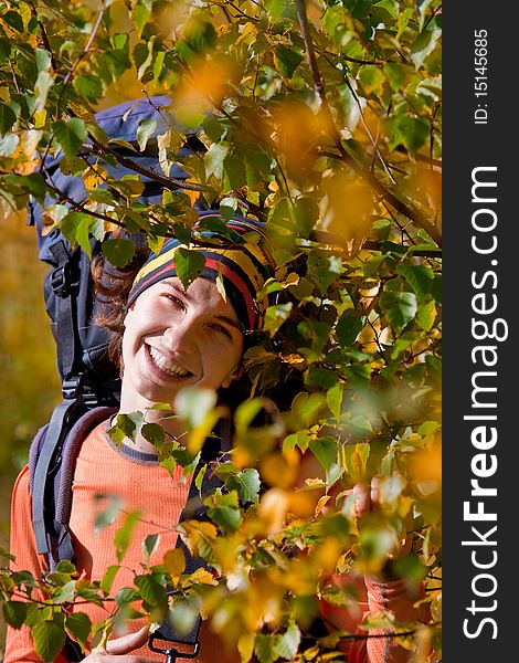 Hiker girl in autumn forest. Hiker girl in autumn forest