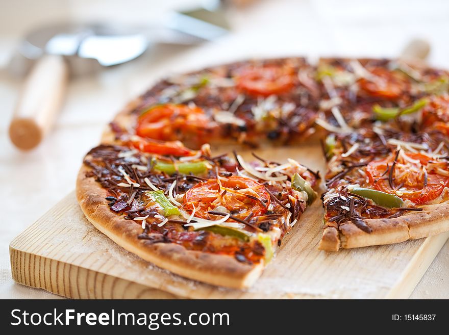 Tasty pizza with tomato chesse olive