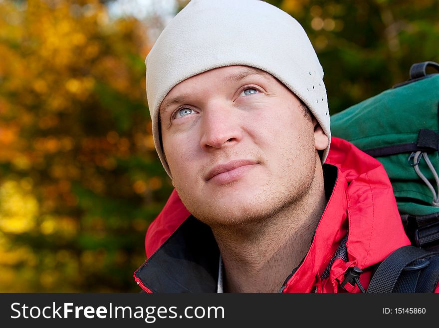 Hiker boy in autumn forest. Hiker boy in autumn forest