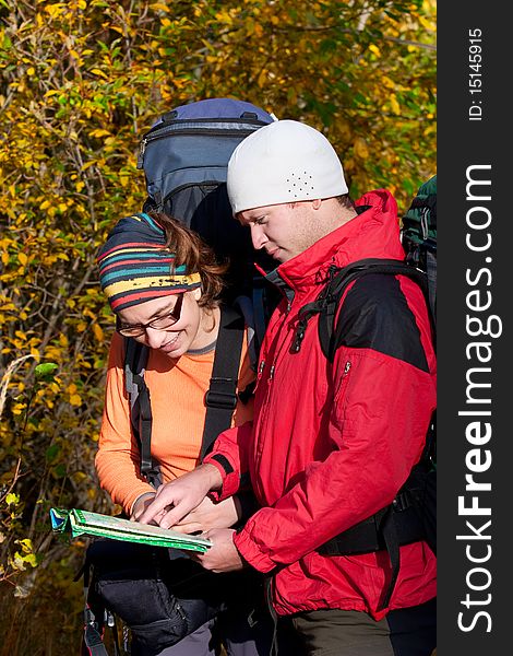 Hikers group in autumn forest. Hikers group in autumn forest