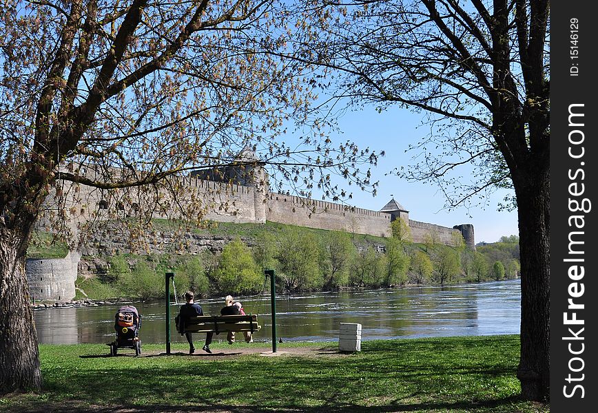 The photo was taken in Narva, on the border with Russia. View of the Russian fortress. The photo was taken in Narva, on the border with Russia. View of the Russian fortress.