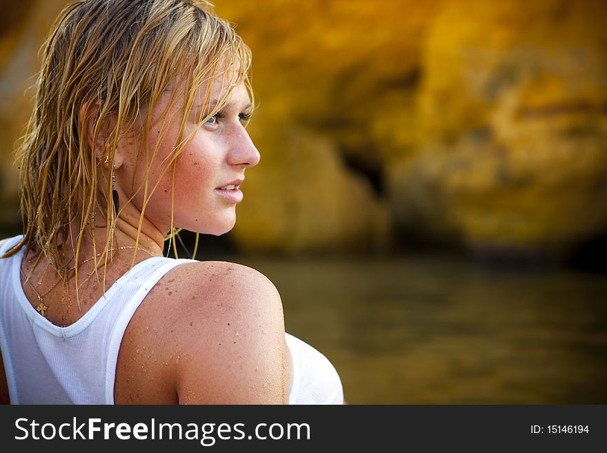 girl in the sea in a white t-shirt. girl in the sea in a white t-shirt