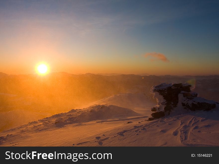 Red sunset in Carpathion mountains