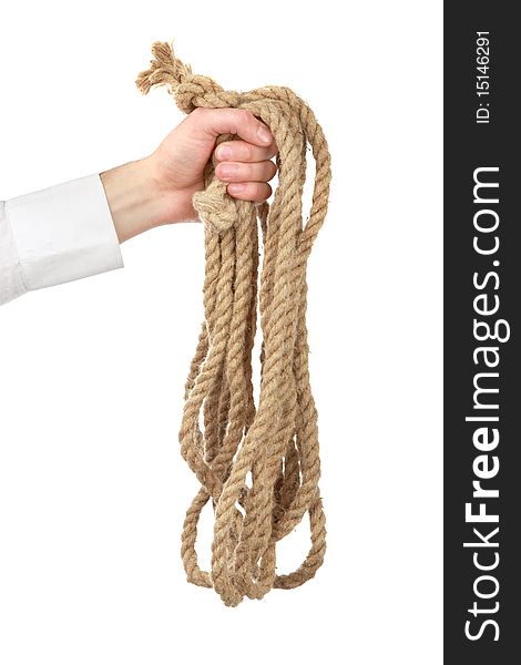 Man's the hand holds a cord on a white background