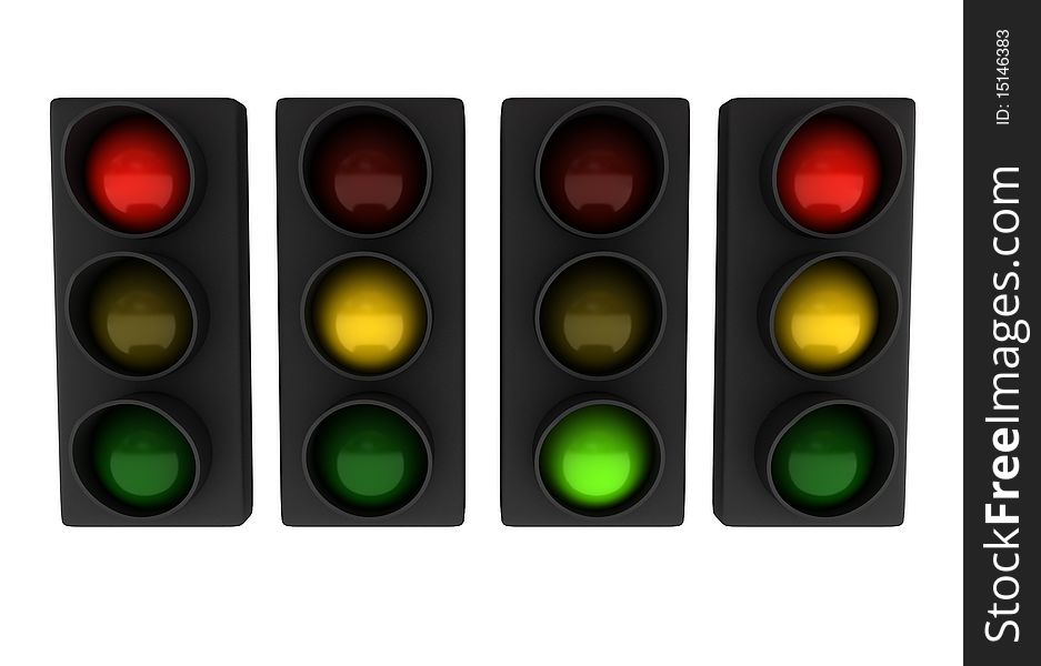 Set of traffic lights (different variations) isolated on white background. High quality 3d render.
