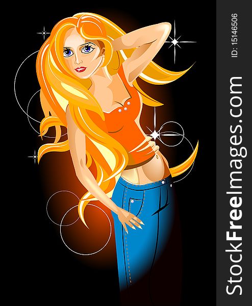 Girl in orange t-shirt and  jeans on the dark background. Girl in orange t-shirt and  jeans on the dark background