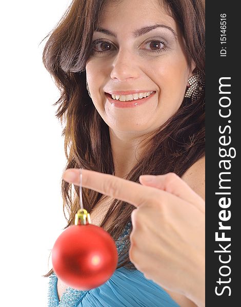 Shot of a woman holding Christmas ornament upclose