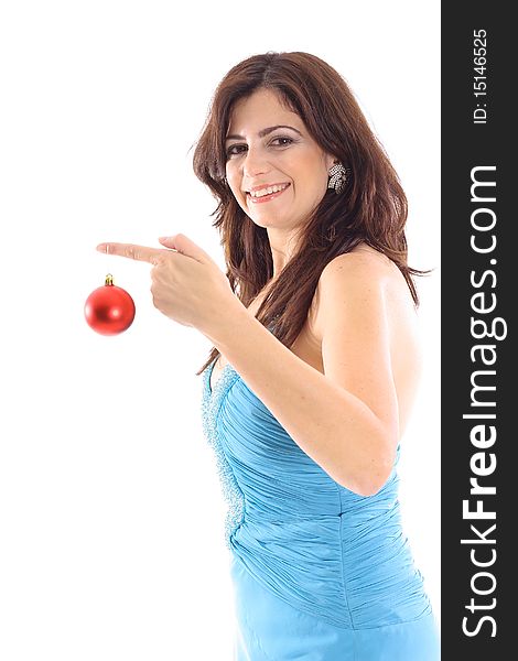 Shot of a woman holding ornament on white vertical