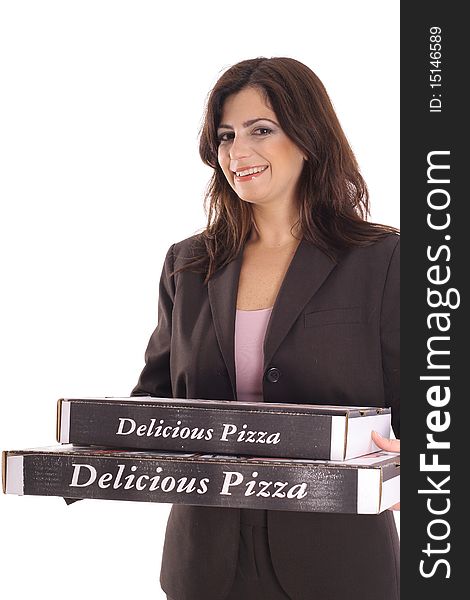 Shot of a woman in business suit carrying pizzas