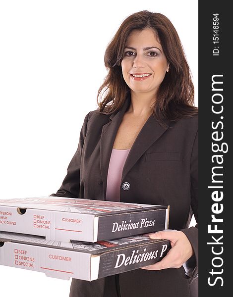 Happy Woman In Business Suit Carrying Pizzas