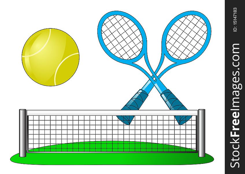 Vector tennis attributes on green field. Vector tennis attributes on green field