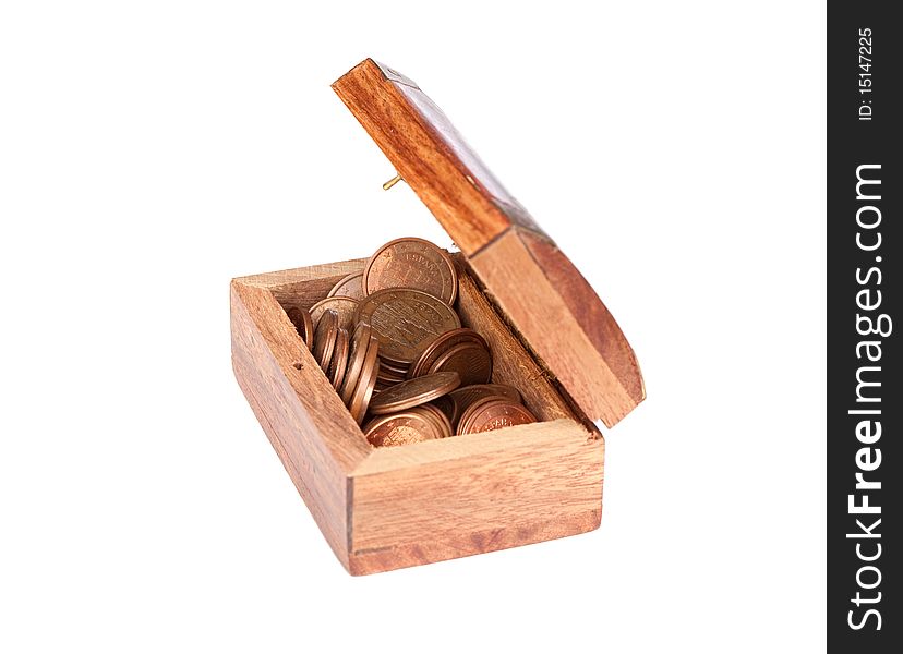 Coffer wooden open with many currencies on a over white background
