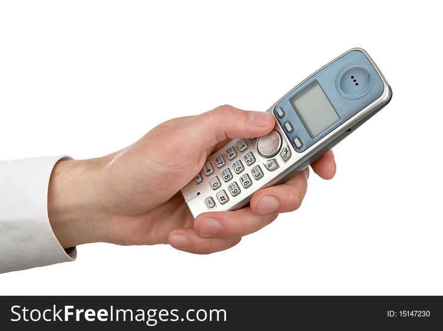 The man's hand holds radio phone is isolated on white a background