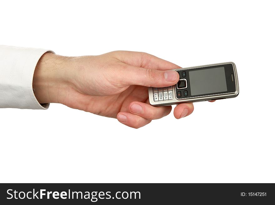 The man's hand holds radio phone is isolated on white a background