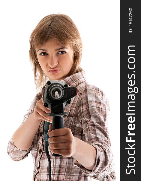 Young beautiful girl with perforator on white background