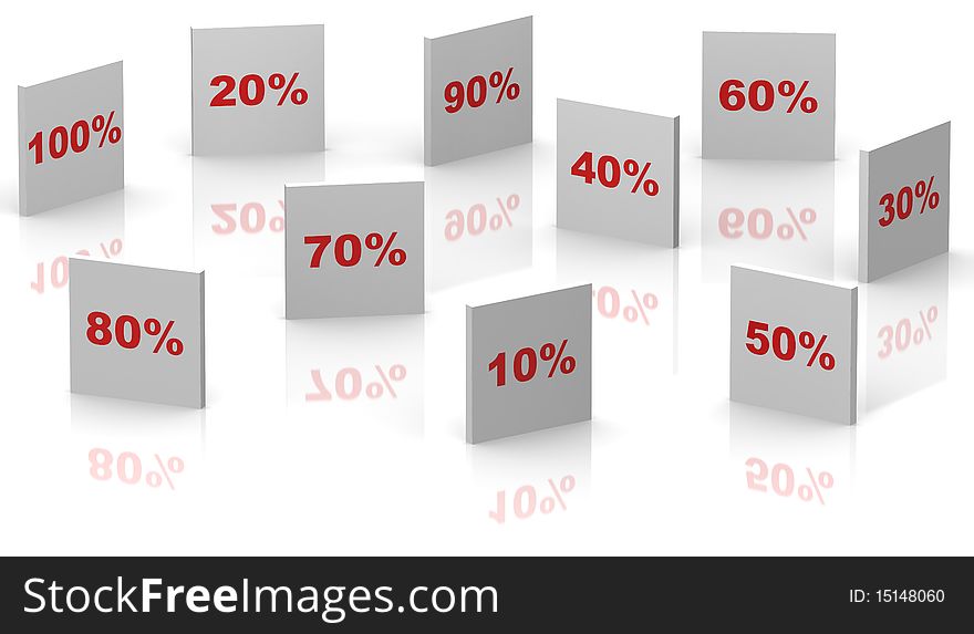 A 3D illustation showing discounts in red and white with reflections