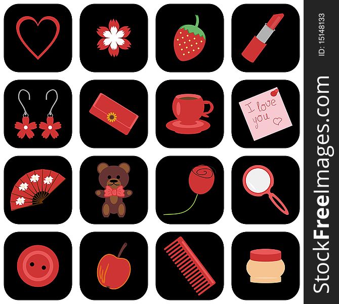 Set of icons with lady's objects on black