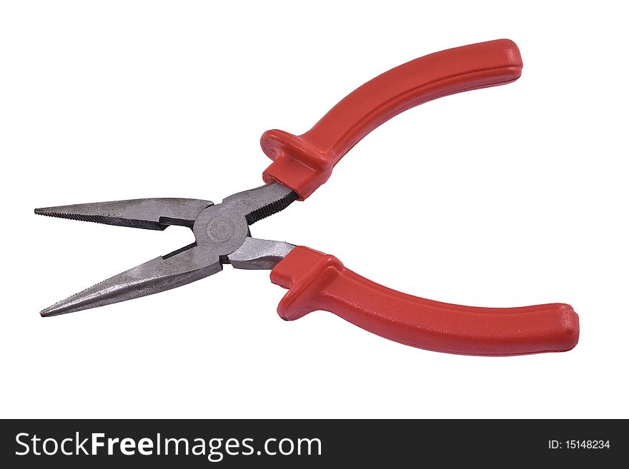 Flat-nose pliers with red handle isolated on the white. Flat-nose pliers with red handle isolated on the white