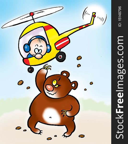 The bear tries to seize the helicopter with man. The bear tries to seize the helicopter with man