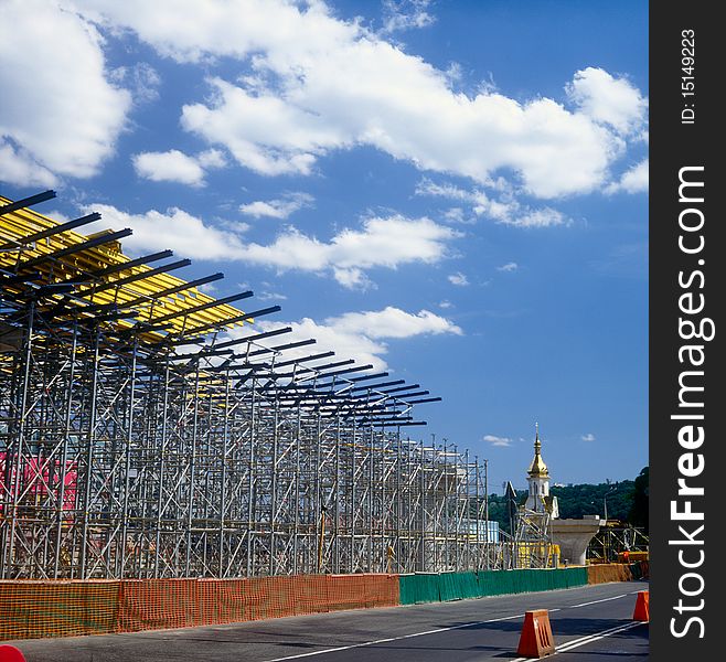 Steel and aluminum construction frame on the construction site. Construction of a new highway bridge in Kyiv, Ukraine. No sharpening has been applied.